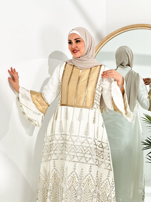 White Abaya with gold and silver Embroidered