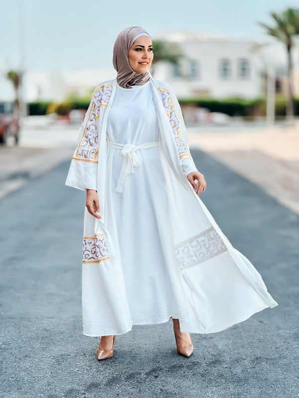2 pc White Abaya with chest, sleeves and middle sarma embroidery