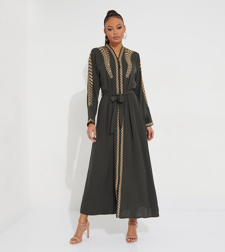 golden leaf embroidery zipped abaya