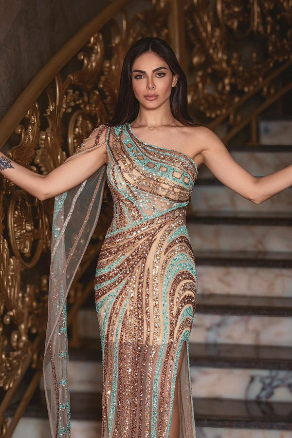 Glamorous One-Shoulder Gown with Intricate Beadwork