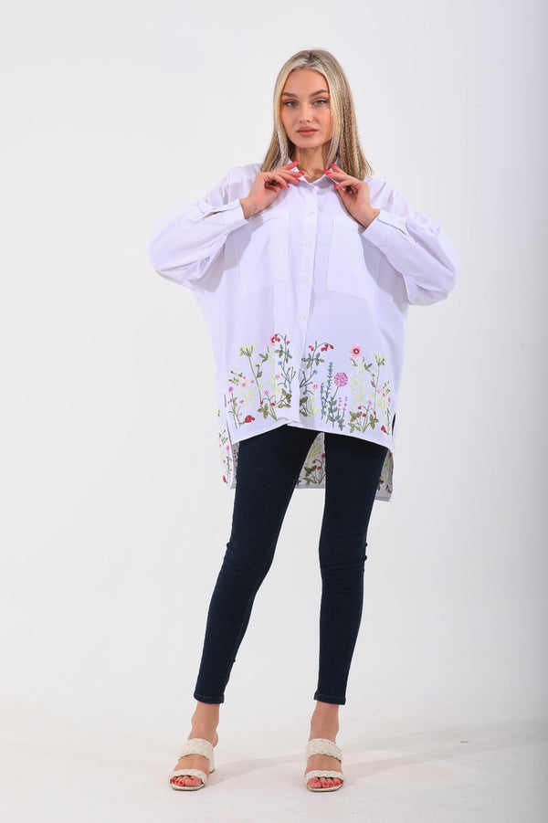 Floral embroidery white shirt