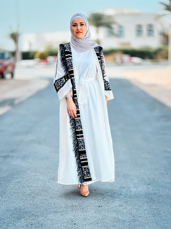 2 PC White Abaya with black feathers and sarma embroidery