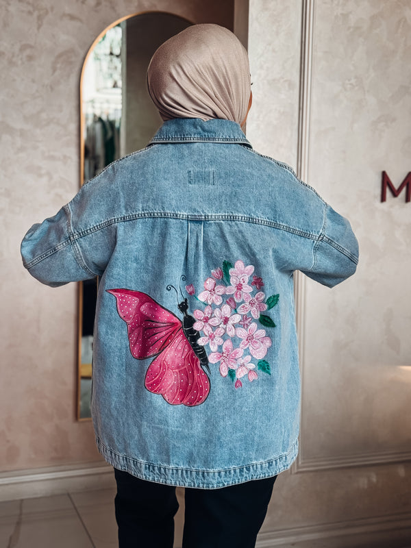 Pink Butterfly  Hand Paint Denim jacket