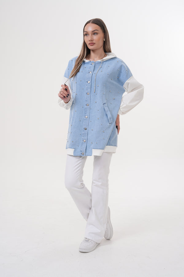 Embellished Denim Hoodie Jacket with White Contrast Sleeves