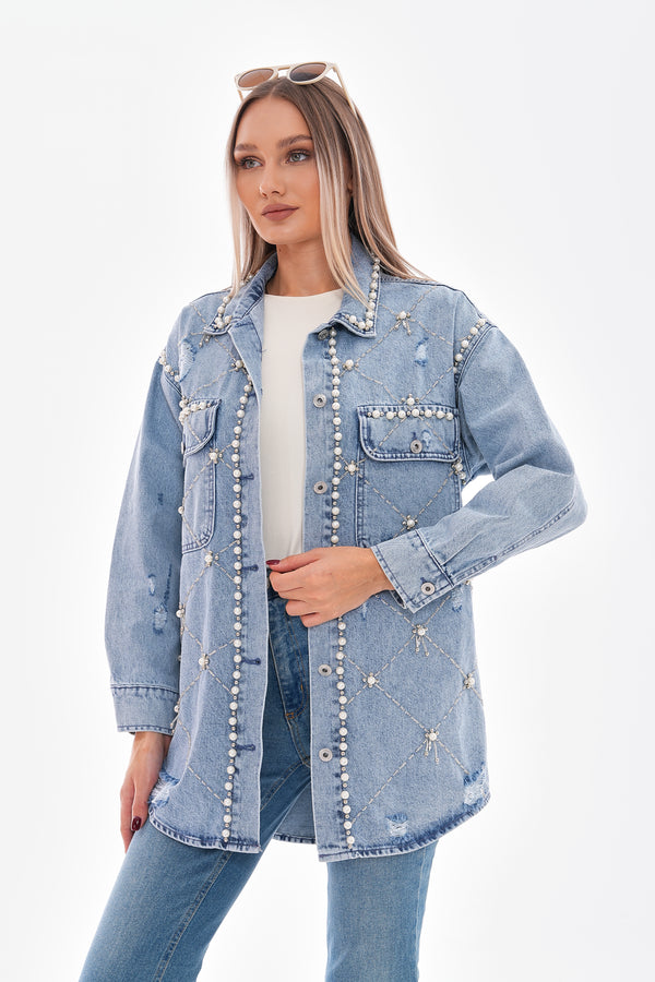 Denim jacket with pearls