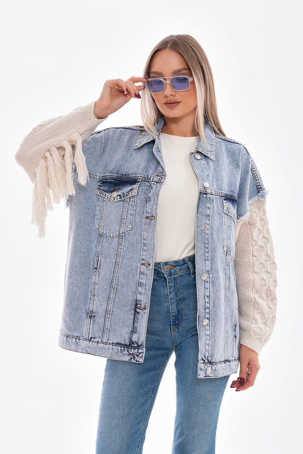 Denim jacket with wool sleeves and fringe