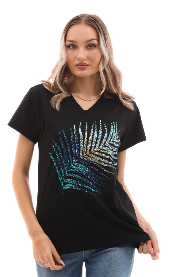 T shirt with blue feather sequins