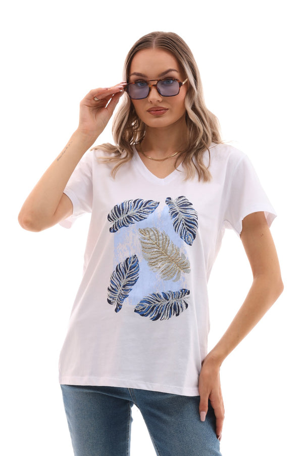 T shirt with Blue feathers sequins