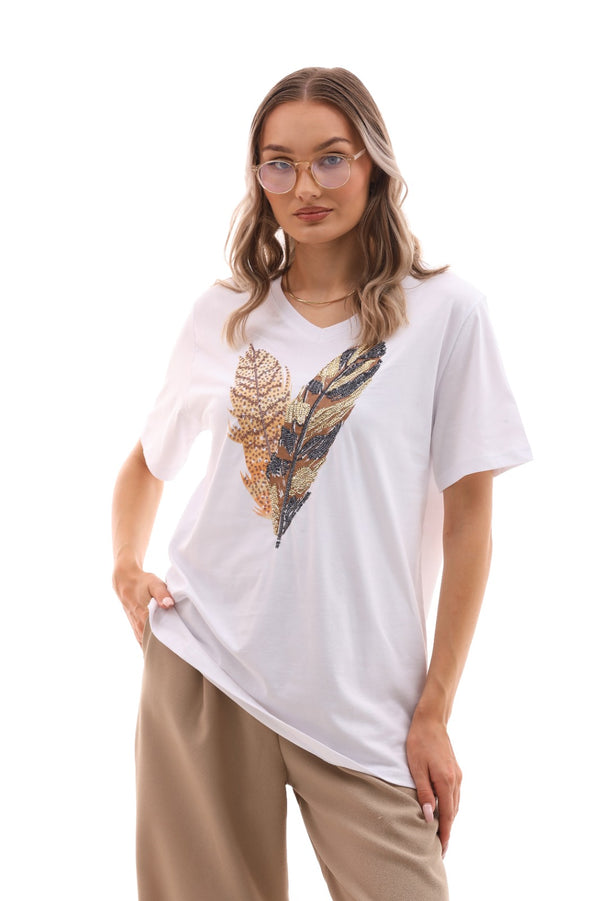 T shirt with brown feather sequen