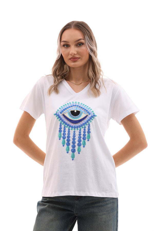 T shirt with blue eye sequins