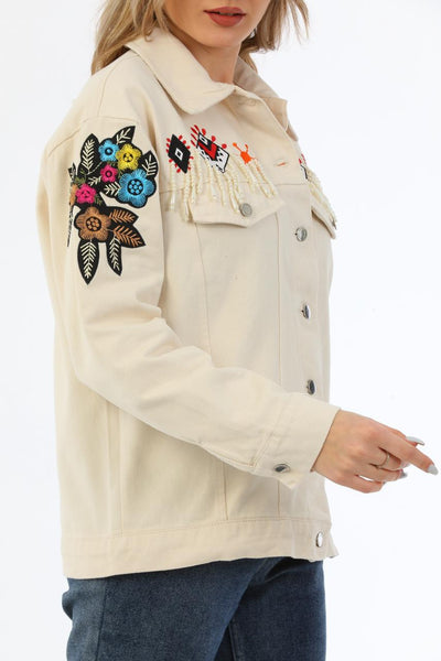 pearl fringe printed jacket