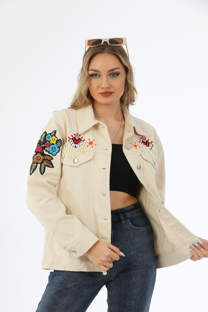 pearl fringe printed jacket