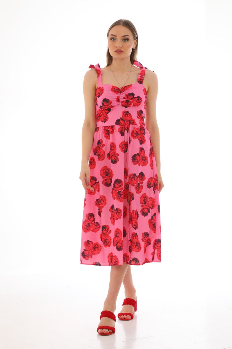 Red flower summery short dress