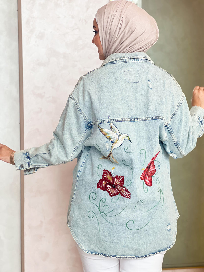 Bird floral painted handmade denim