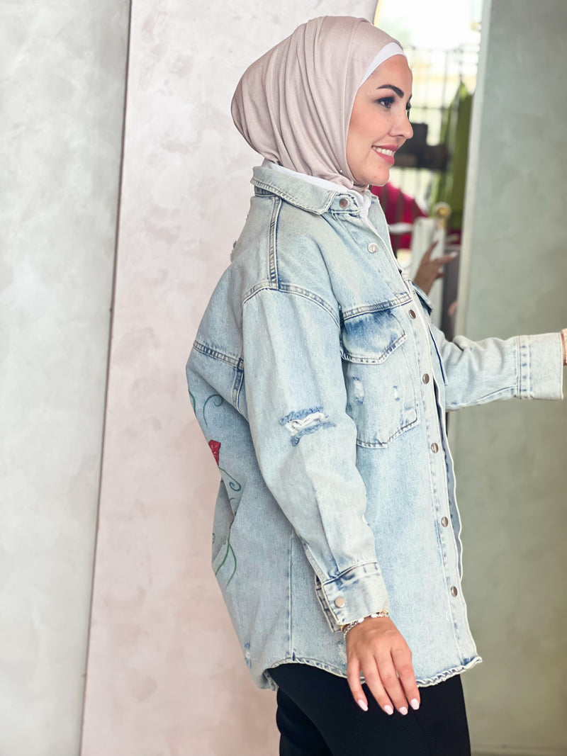 Bird floral painted handmade denim