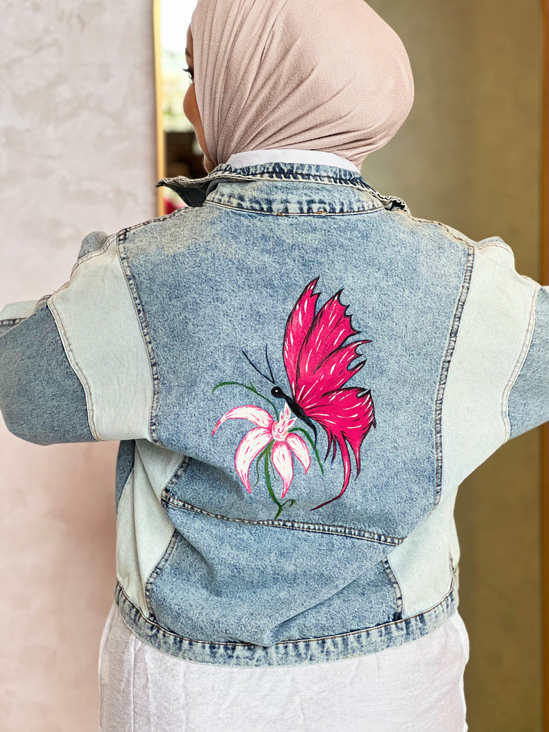 Butterfly side on flower painted handmade short denim