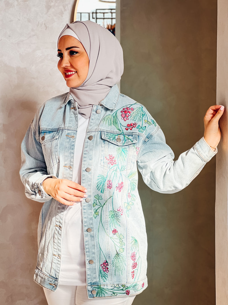 Berry floral painted handmade denim