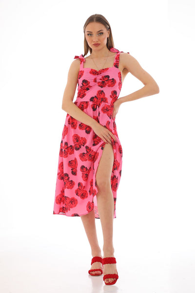 Red flower summery short dress