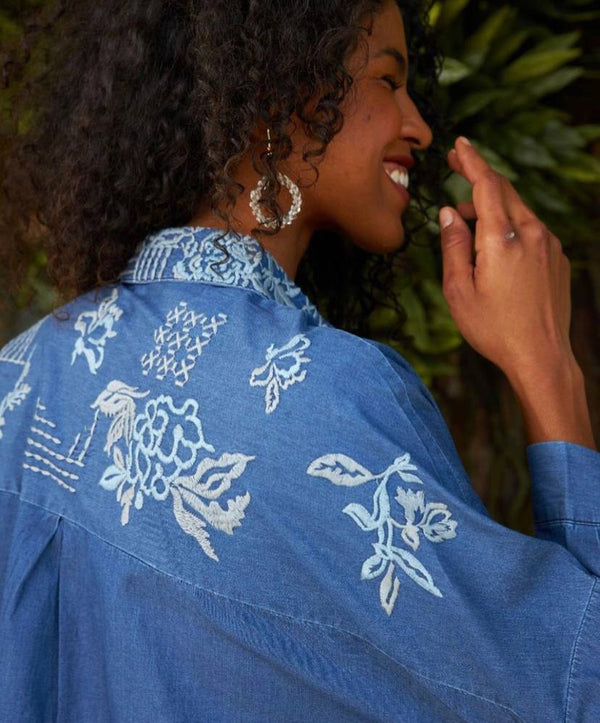 Embroidered collar and upper back denim shirt