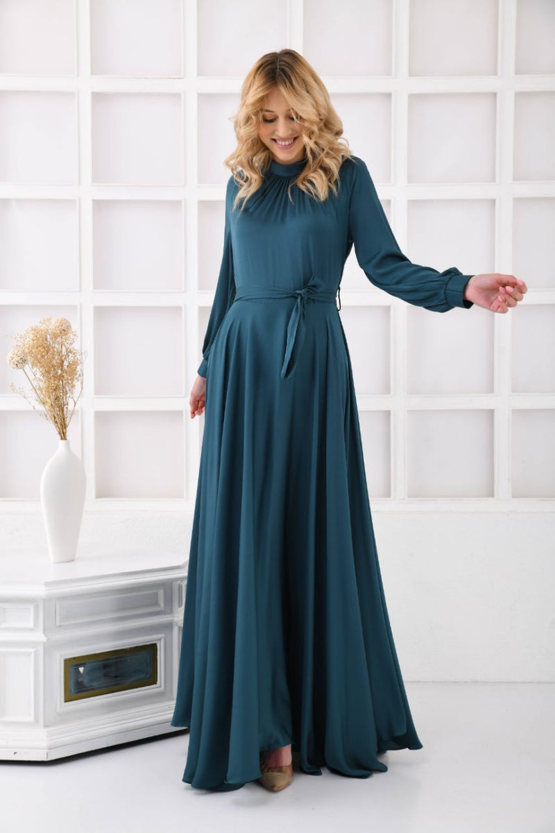 long satin belted dress
