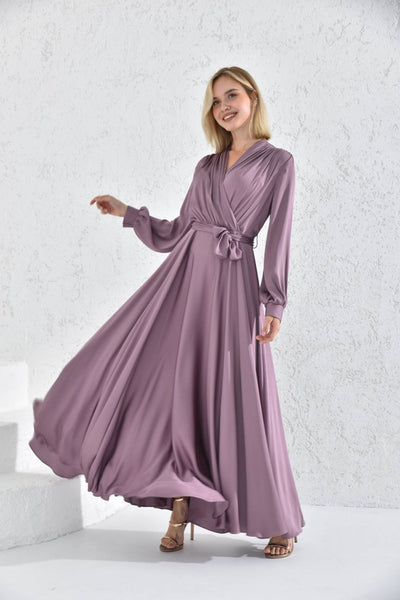 Satin drappe long belted dress