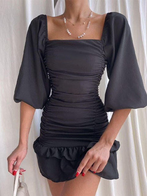 Inverted Pleat Plain Bodycon Black Dress