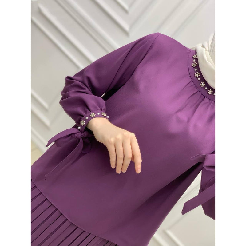crepe pearl stone pleated skirt suit