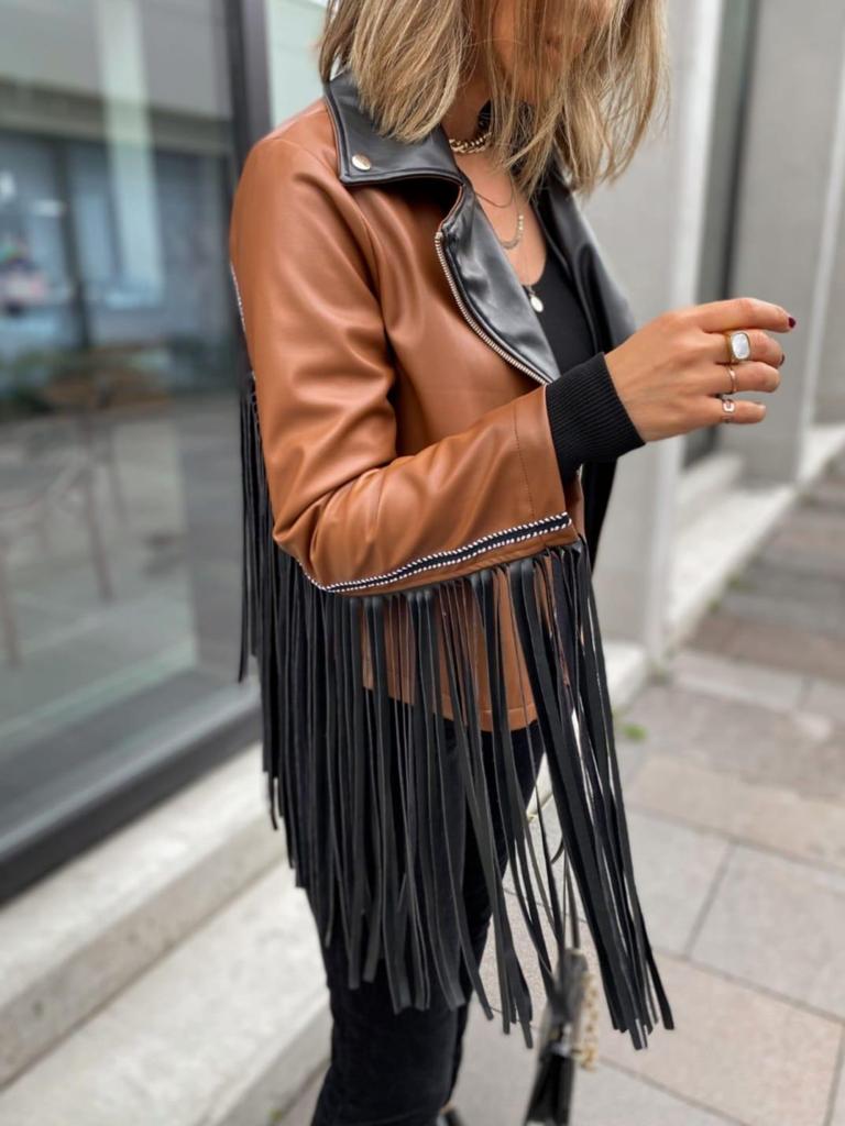 fringe sleeves leather jacket