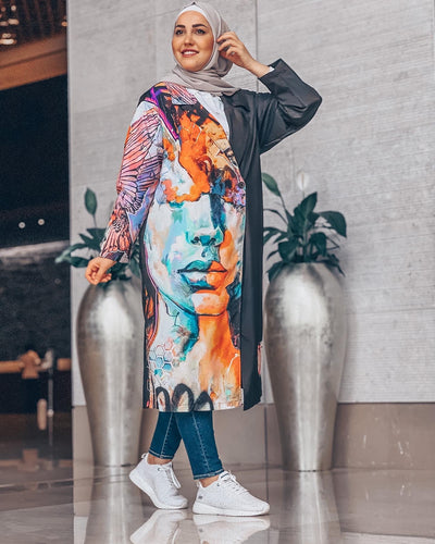 half side printed coat with girl face design