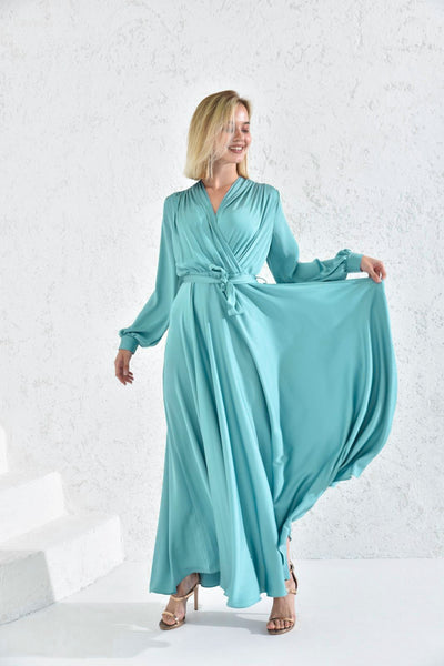Satin drappe long belted dress