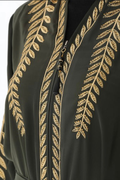 golden leaf embroidery zipped abaya