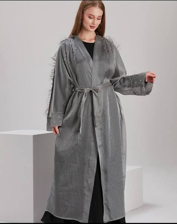 stone chest abaya with feather on sleeves