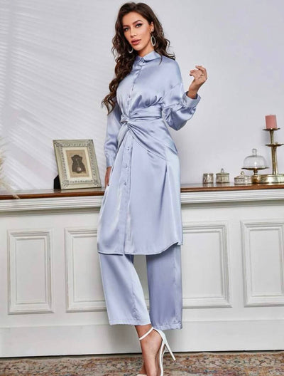 Satin 2 pcs takim with waist tie