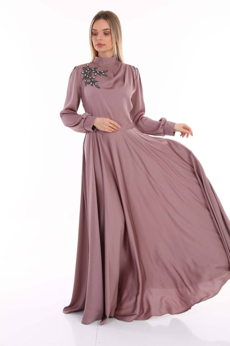 occasion silky dress with shoulder add