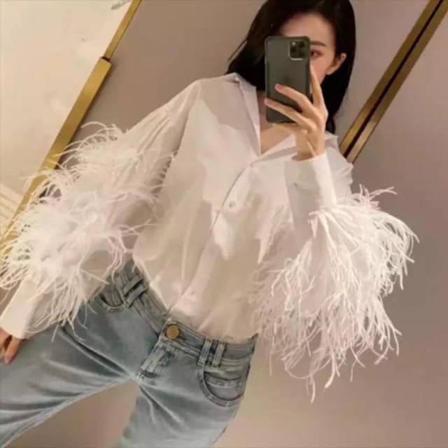 3 layers feather on sleeves shirt