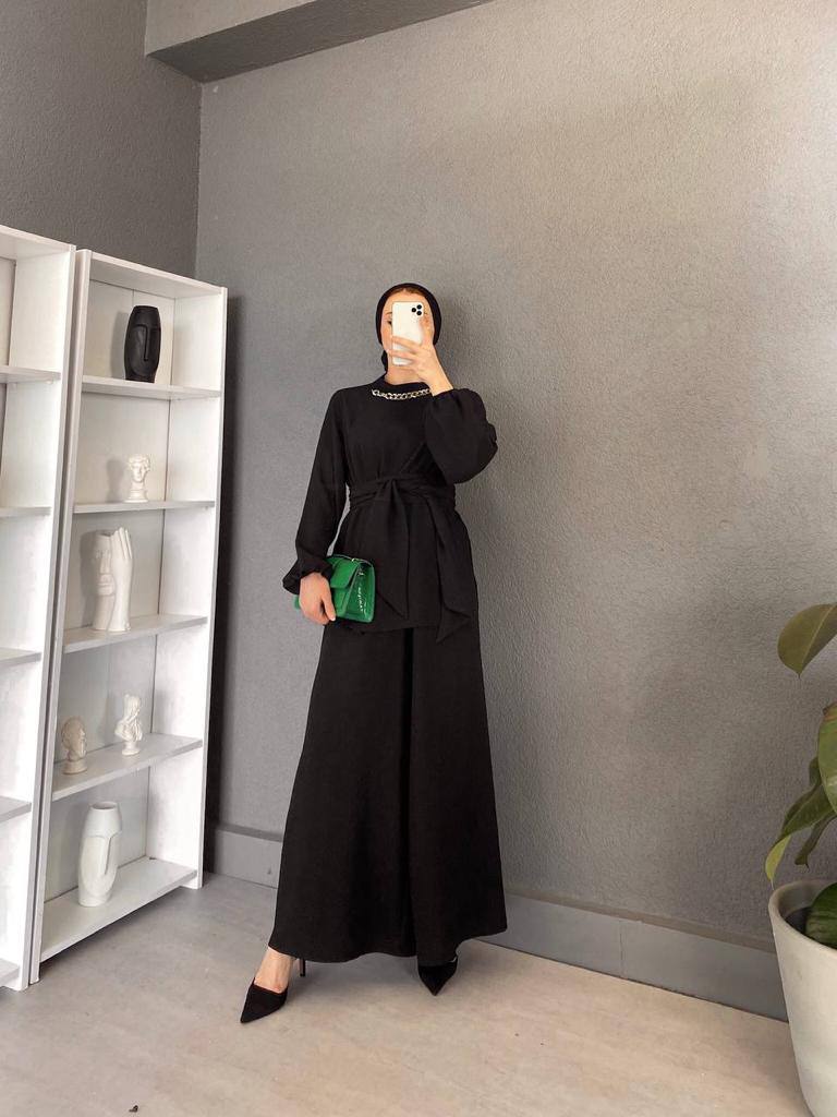 chain neck wide pant 2pcs takim