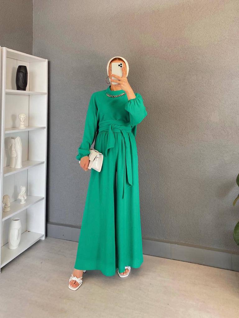 chain neck wide pant 2pcs takim