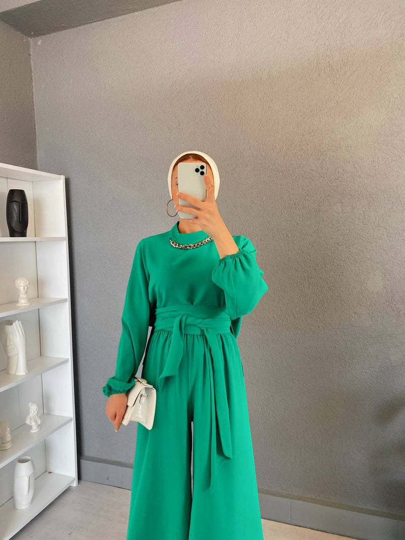 chain neck wide pant 2pcs takim
