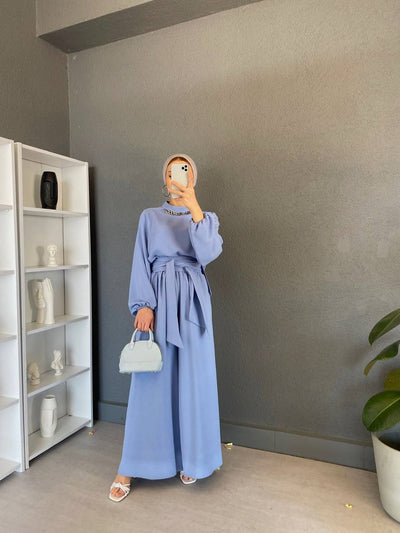 chain neck wide pant 2pcs takim