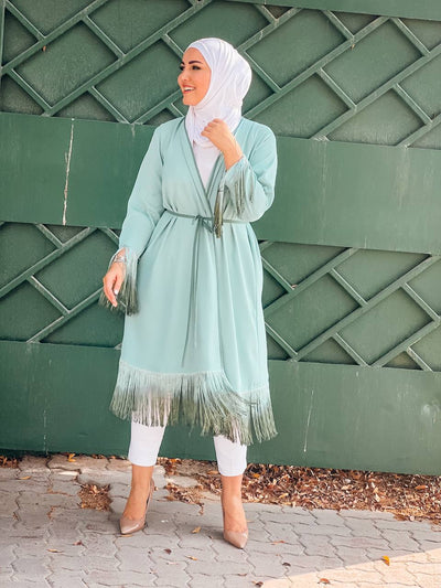 plain belted tunic with Ombre fringe