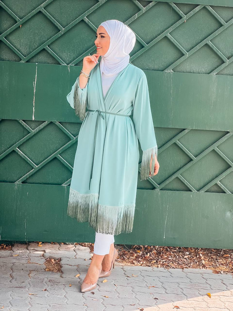plain belted tunic with Ombre fringe