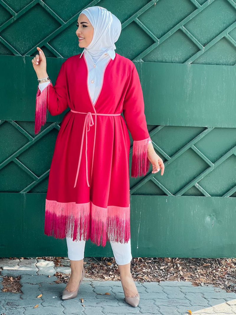 plain belted tunic with Ombre fringe