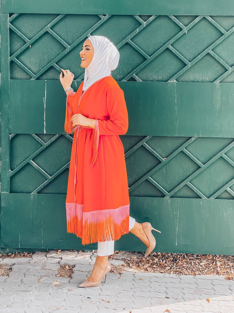 plain belted tunic with Ombre fringe